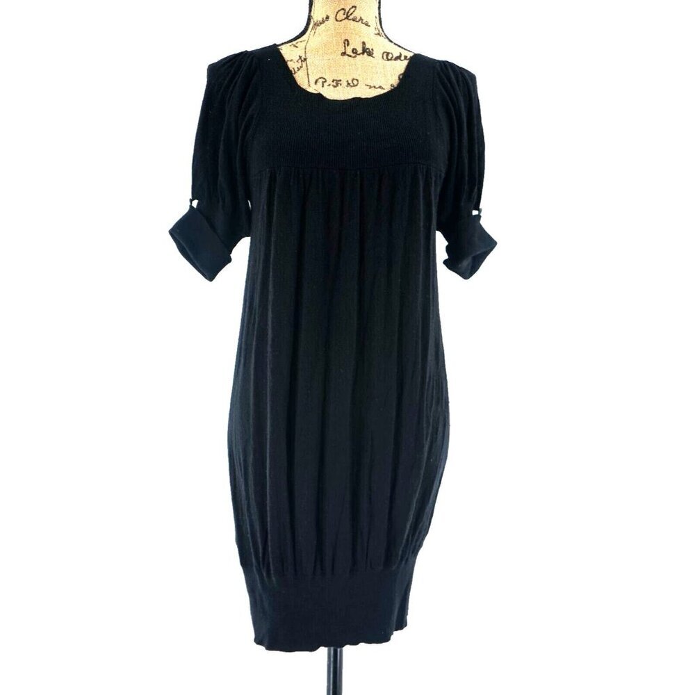 BCBG Maxazria Women Sweater Dress Extra Small XS Black Cuff Sleeve Ribbed Knit